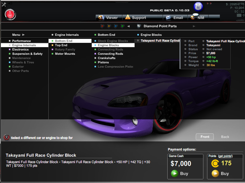 Open1320 Legends parts shop showing engine internals categories and part stats